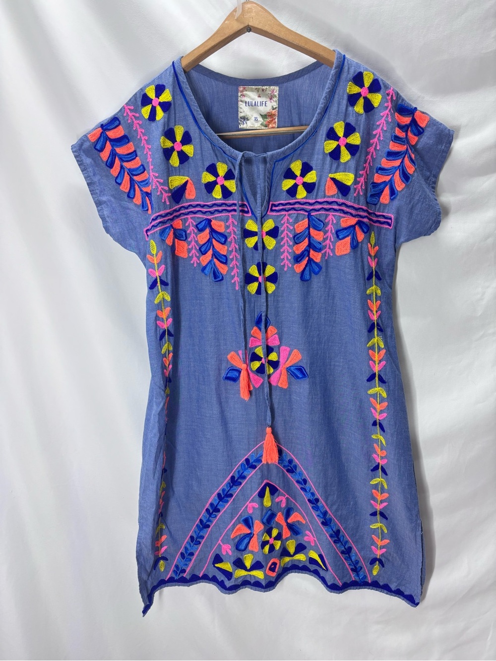 Lula Life Indigo Blue Embroidered Tunic Dress with Neon Floral Motifs Medium